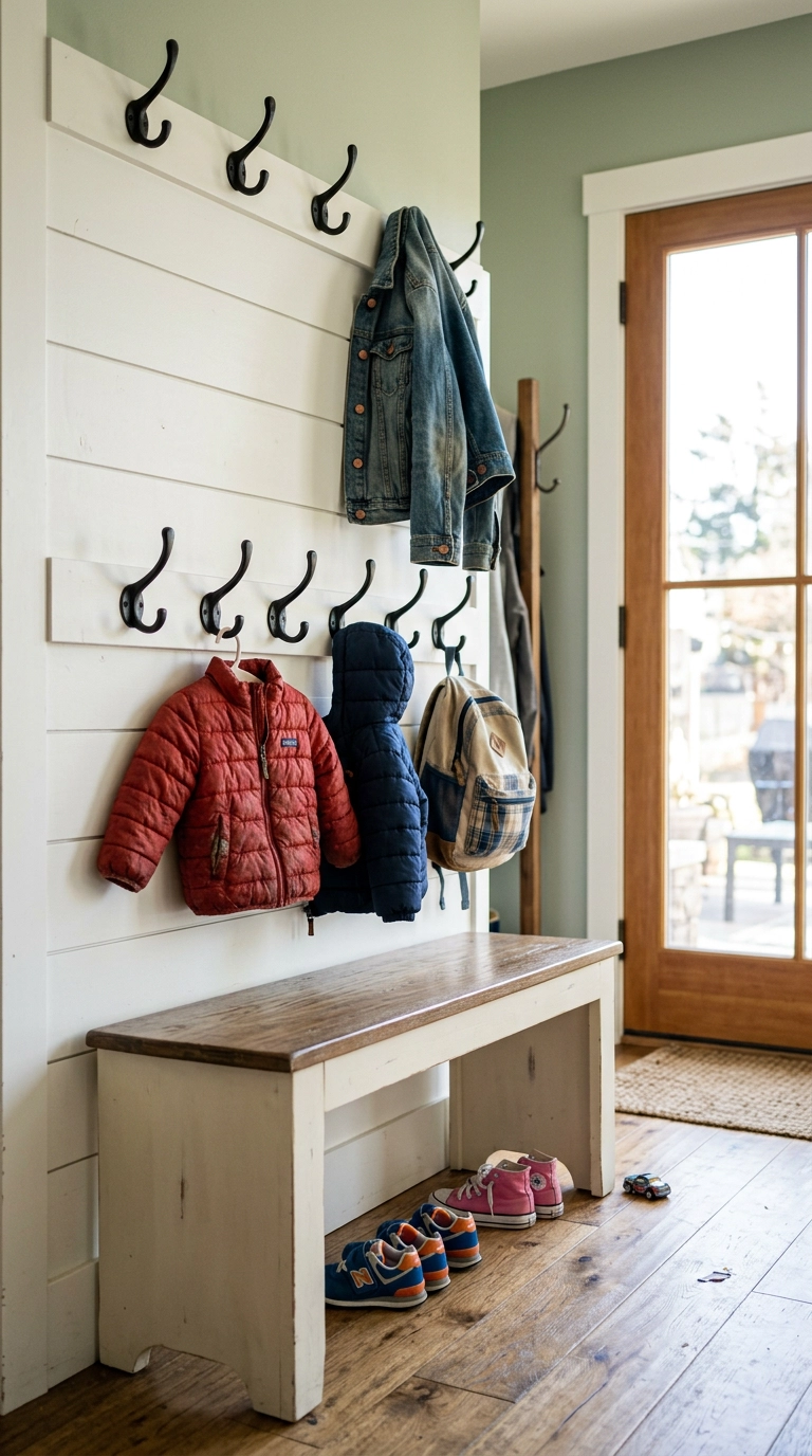 Two rows of black hooks at child and adult heights on a shiplap mudroom wall