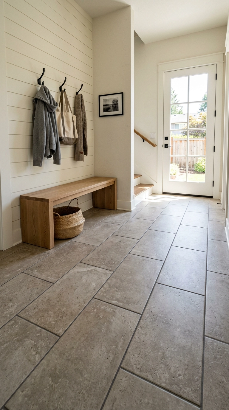 Warm greige porcelain tile mudroom floor with white shiplap walls and oak bench