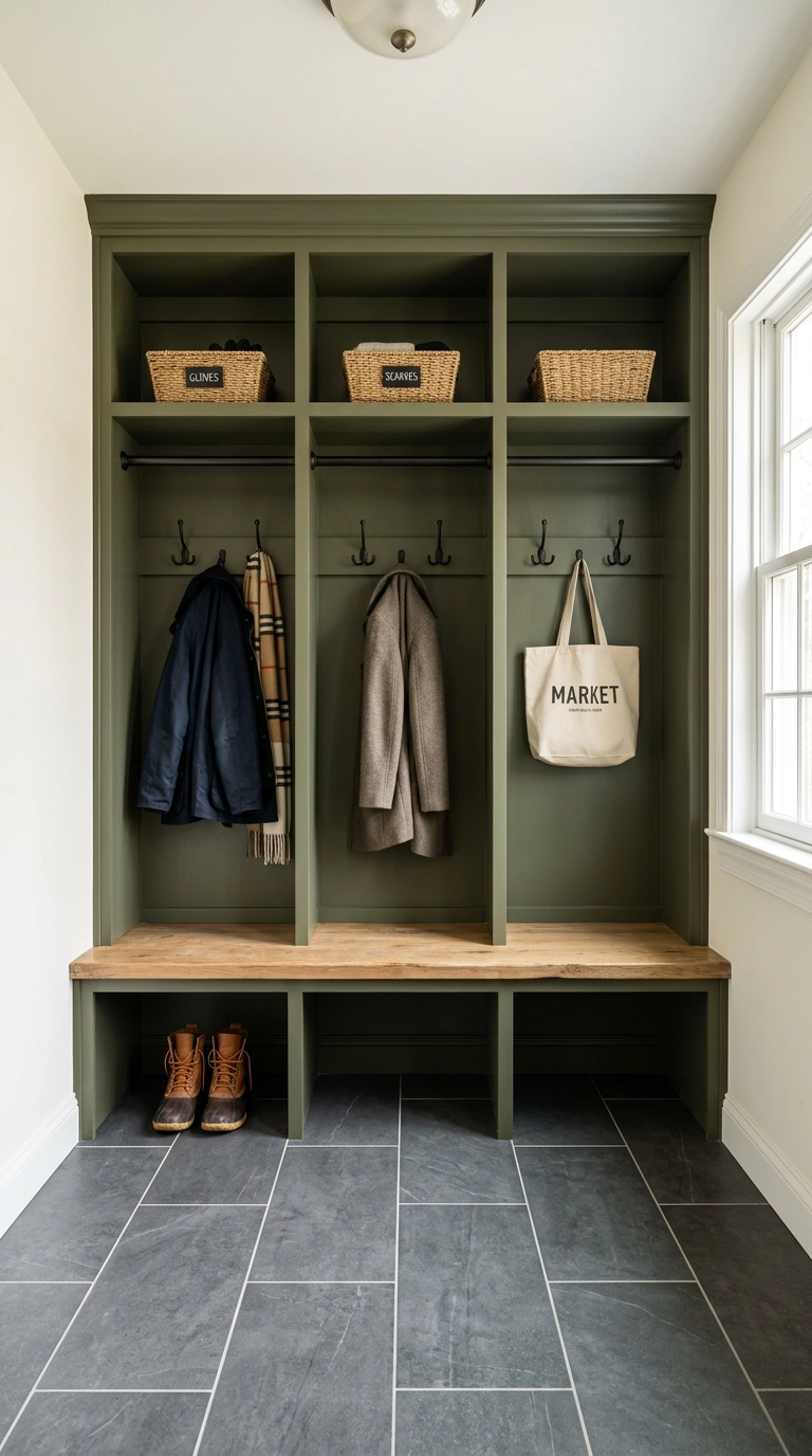 Mudroom with built-in olive green lockers, oak bench, and charcoal tile floor