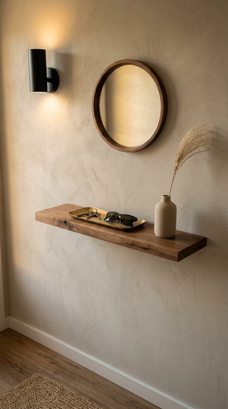Walnut shelf with a brass tray for keys and mail beside a round mirror in a mudroom