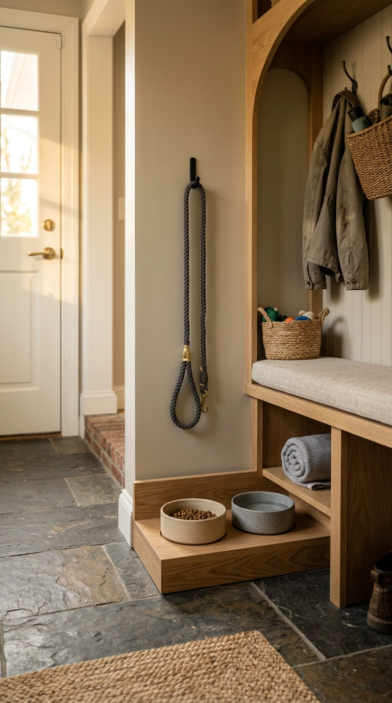 Built-in dog feeding nook with ceramic bowls, a leash hook, and a towel in a mudroom