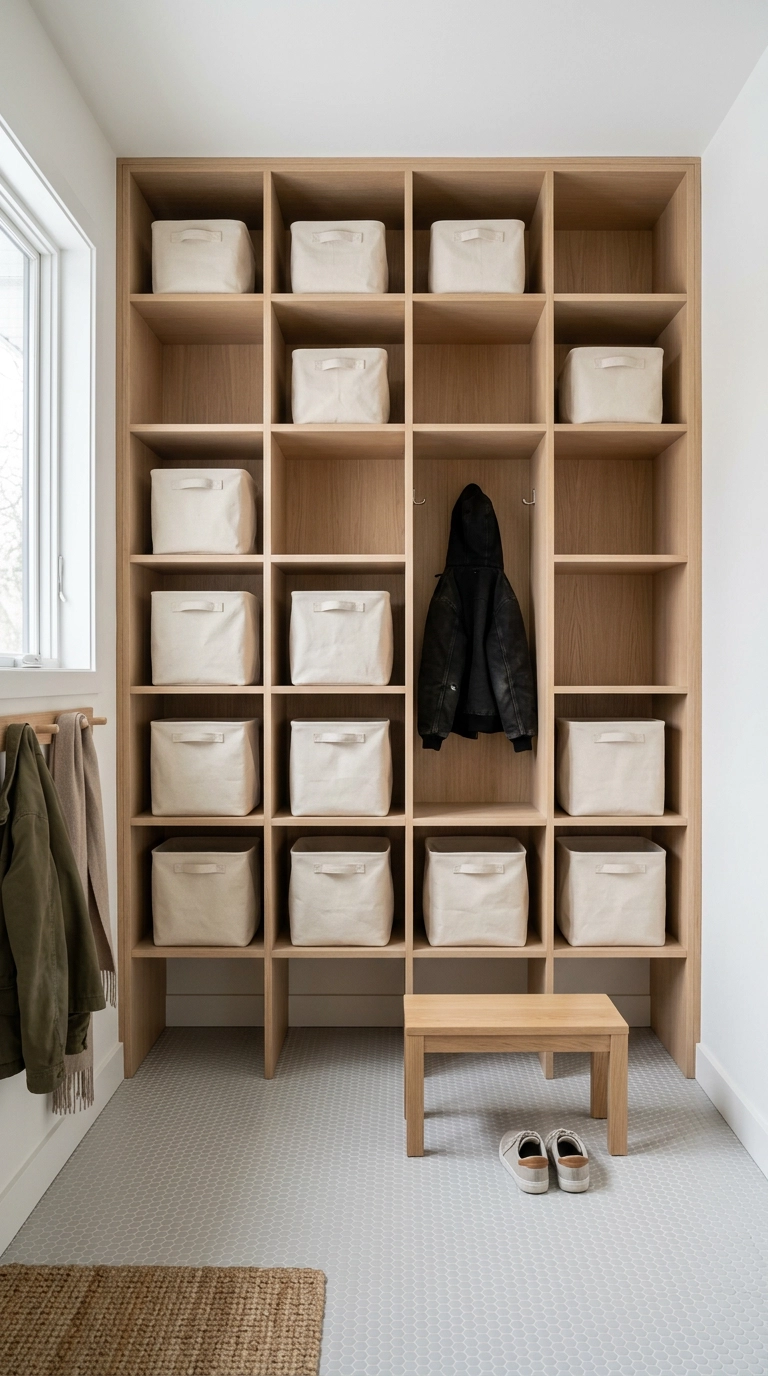 Wall of open oak cubbies with canvas bins in a Scandinavian mudroom