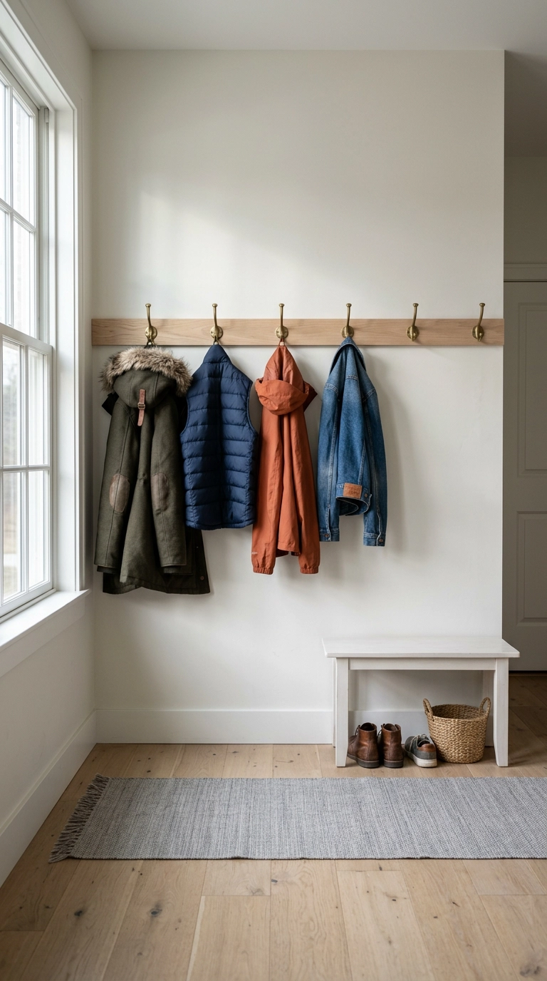 Four spring-weight coats spaced evenly on brass hooks in a mudroom
