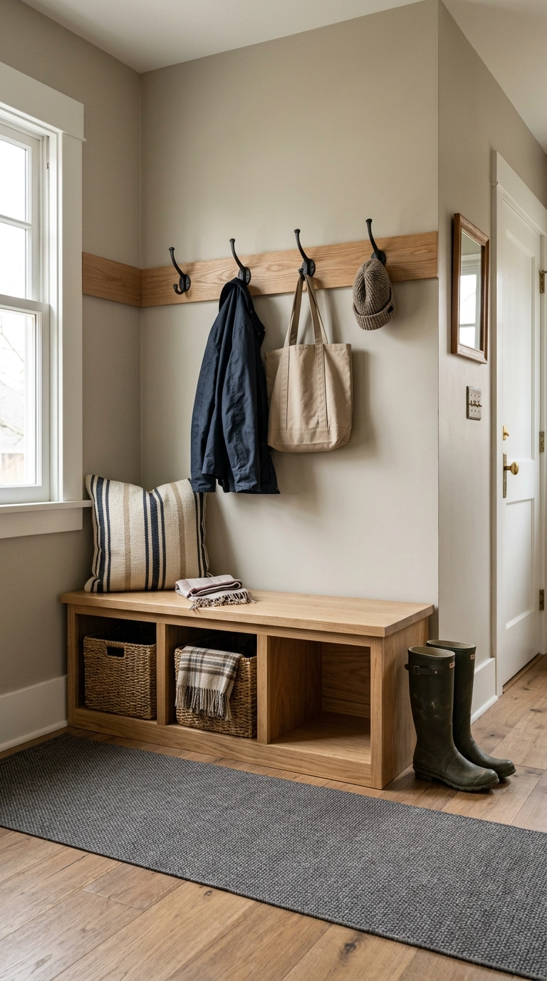 Mudroom bench in white oak with woven baskets underneath and black hooks above