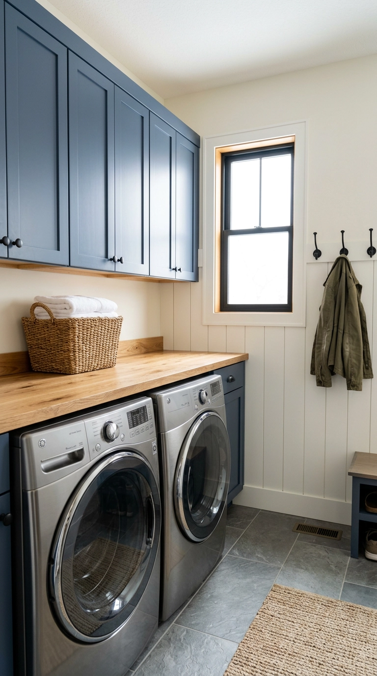 Combined laundry and mudroom with navy cabinets, oak counter, and black hooks