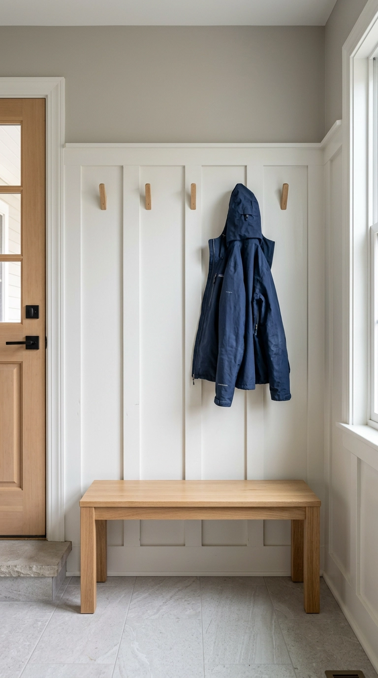 Bone-white board and batten mudroom walls with warm grey upper paint