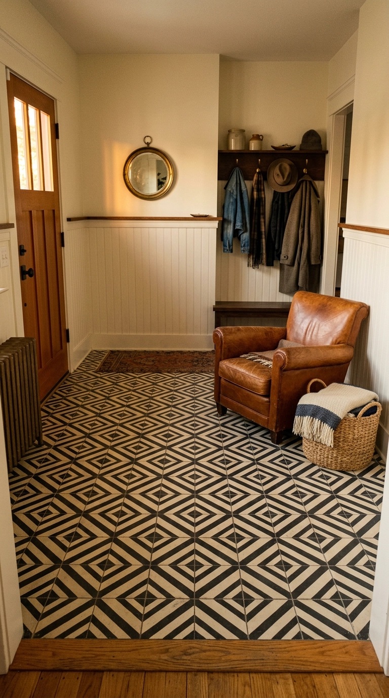 Black and cream geometric cement tile floor in a mudroom with a leather chair