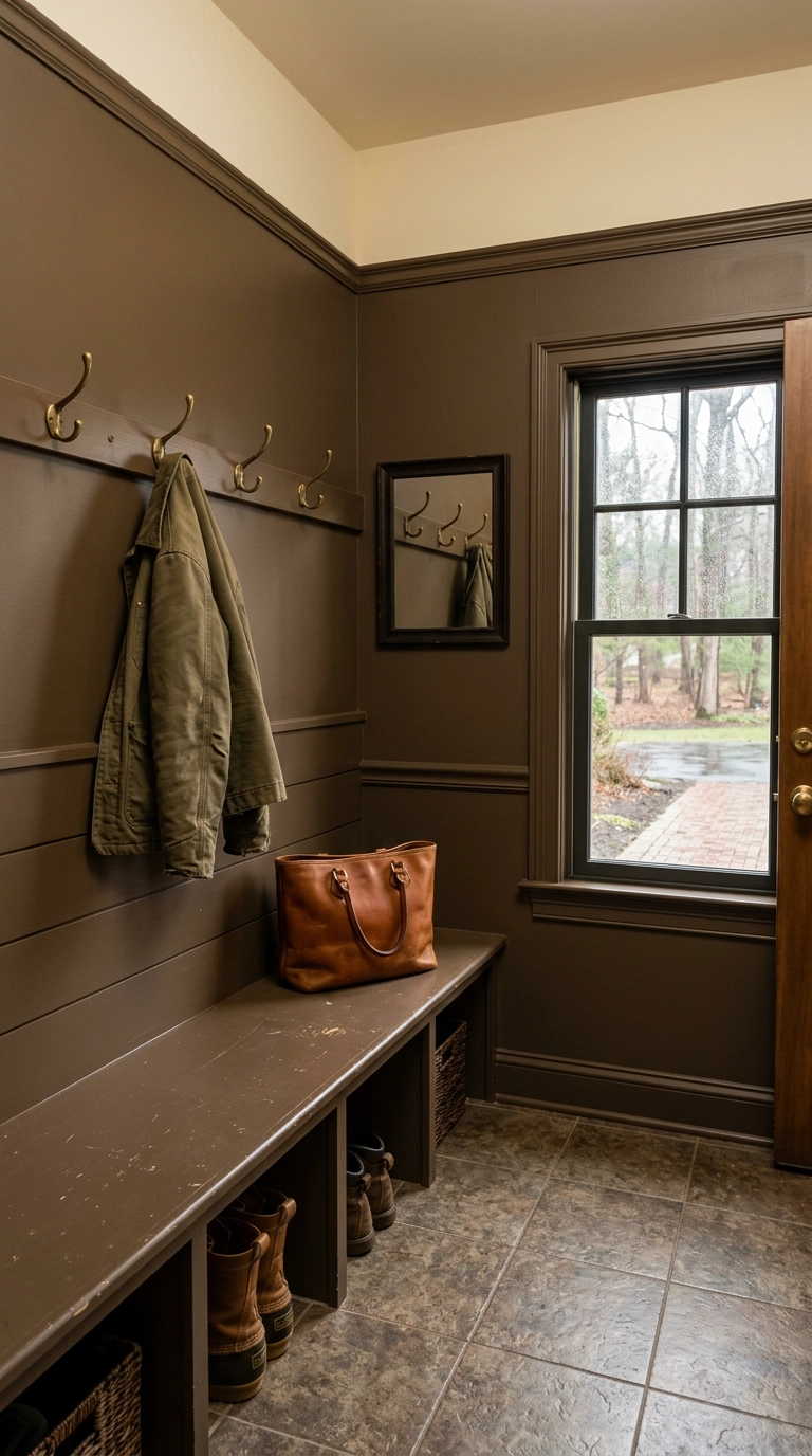 Mudroom color-drenched in deep bronze-brown paint with brass hooks and mottled tile