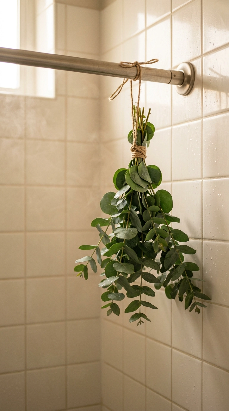 Eucalyptus bundle tied to a showerhead with steam on cream tile