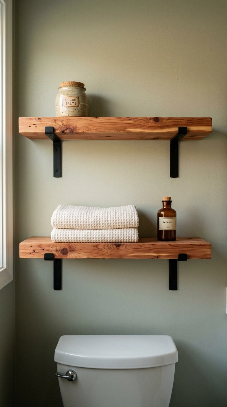 Raw cedar shelves on black brackets above a toilet with three styled objects