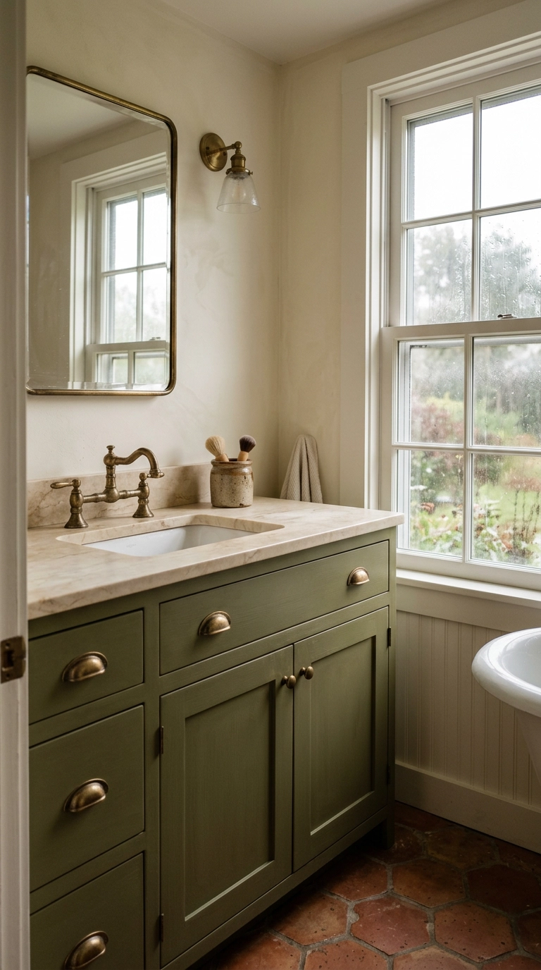 Olive green painted bathroom vanity with marble top and brass cup pulls
