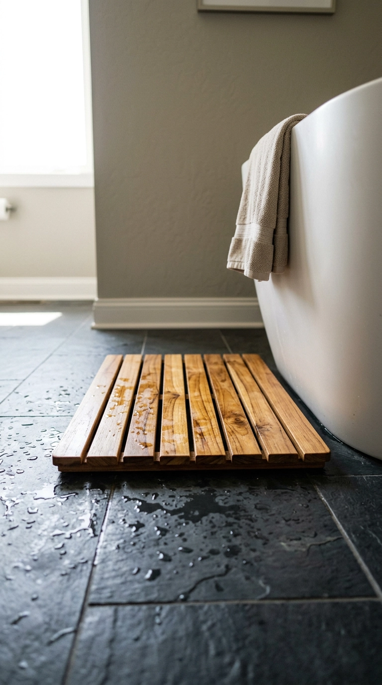 Slatted teak bath mat on dark slate floor beside a freestanding tub