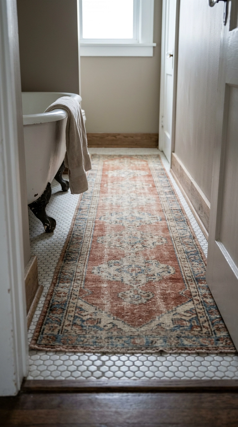 Faded rust vintage runner on hex tile in a narrow bungalow bathroom