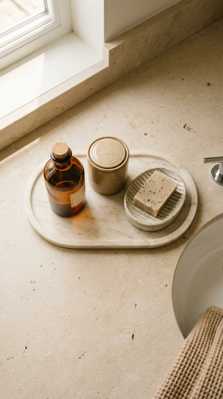 Overhead view of a marble tray with three natural bath items at varied heights