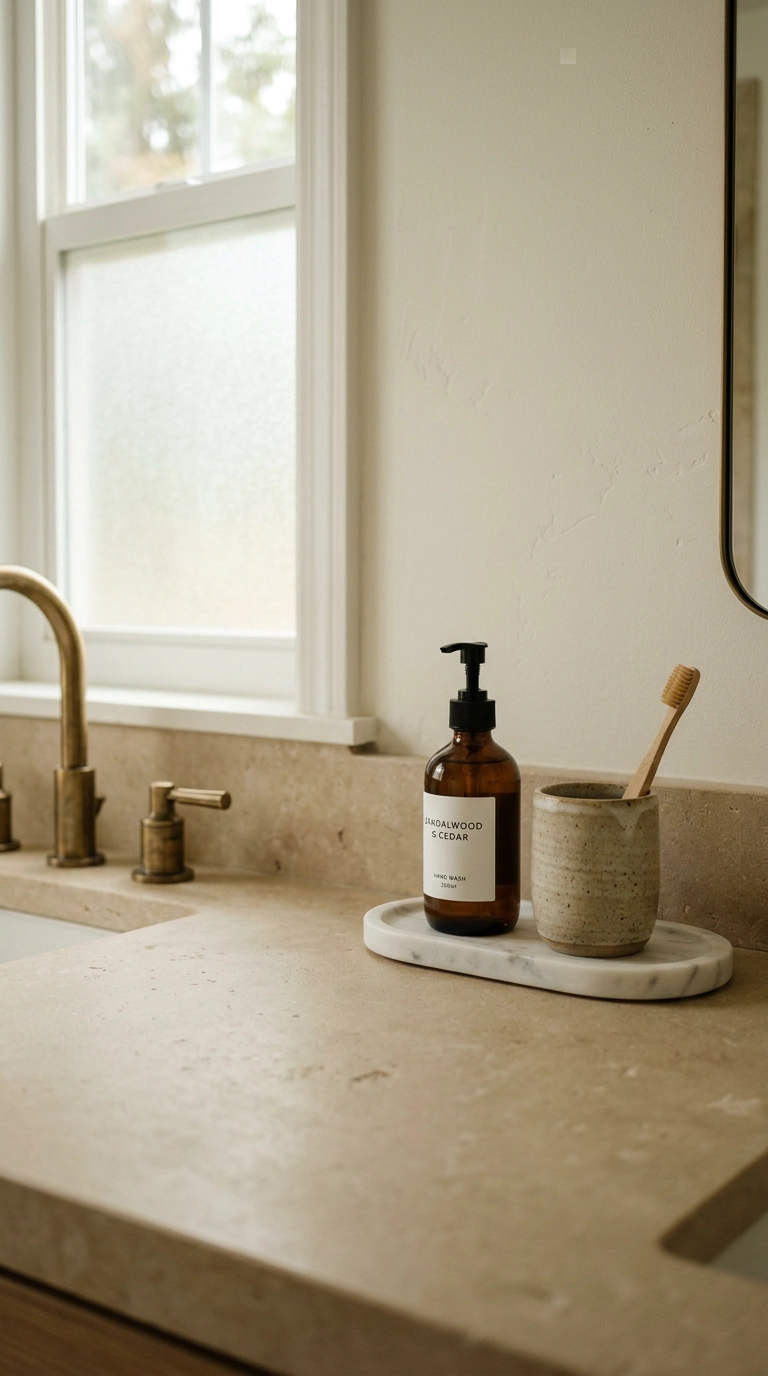 Bathroom counter styled with only three natural objects on warm limestone