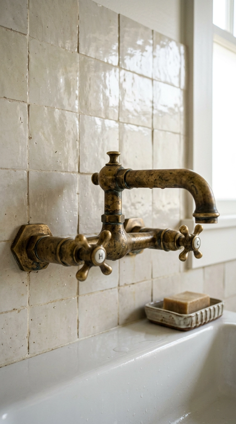 Unlacquered brass bridge faucet with patina against creamy zellige tile