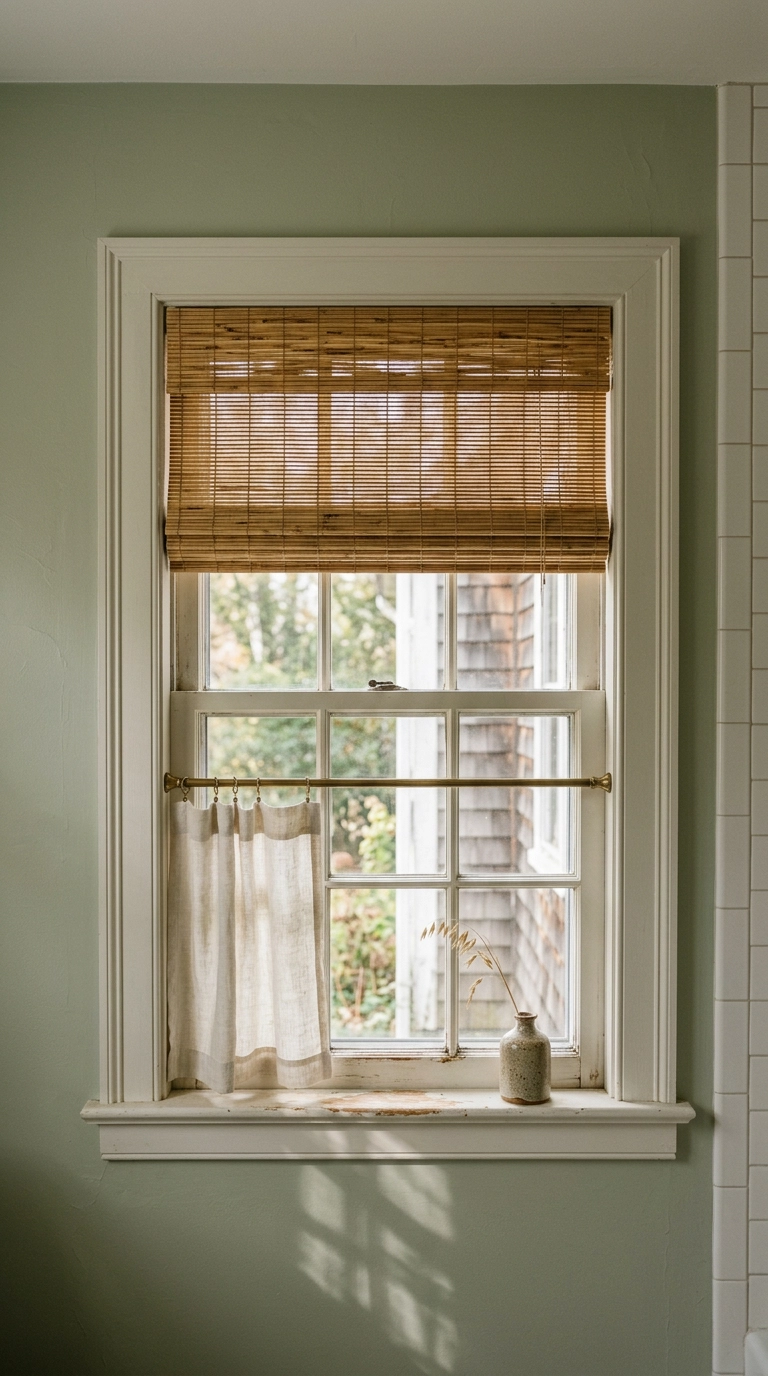Woven wood shade and linen cafe curtain on a bathroom window with striped light