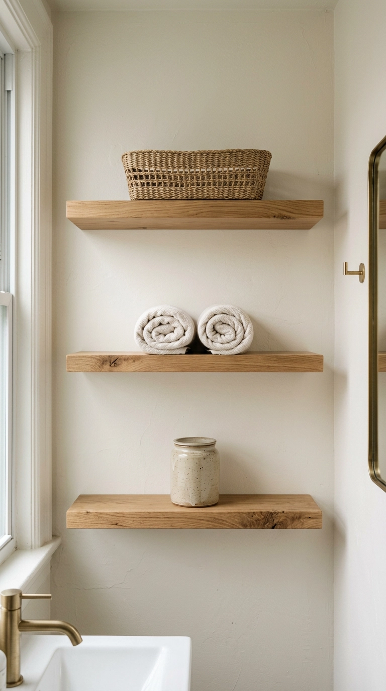 Oak floating shelves with a seagrass basket and rolled towels in a bathroom
