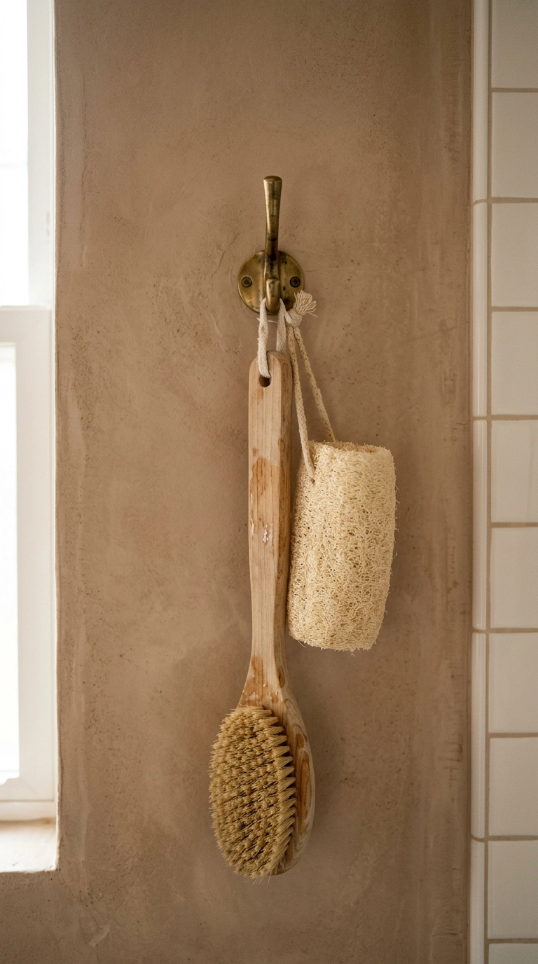 Wooden bath brush and loofah hanging on a brass hook against a clay limewash wall