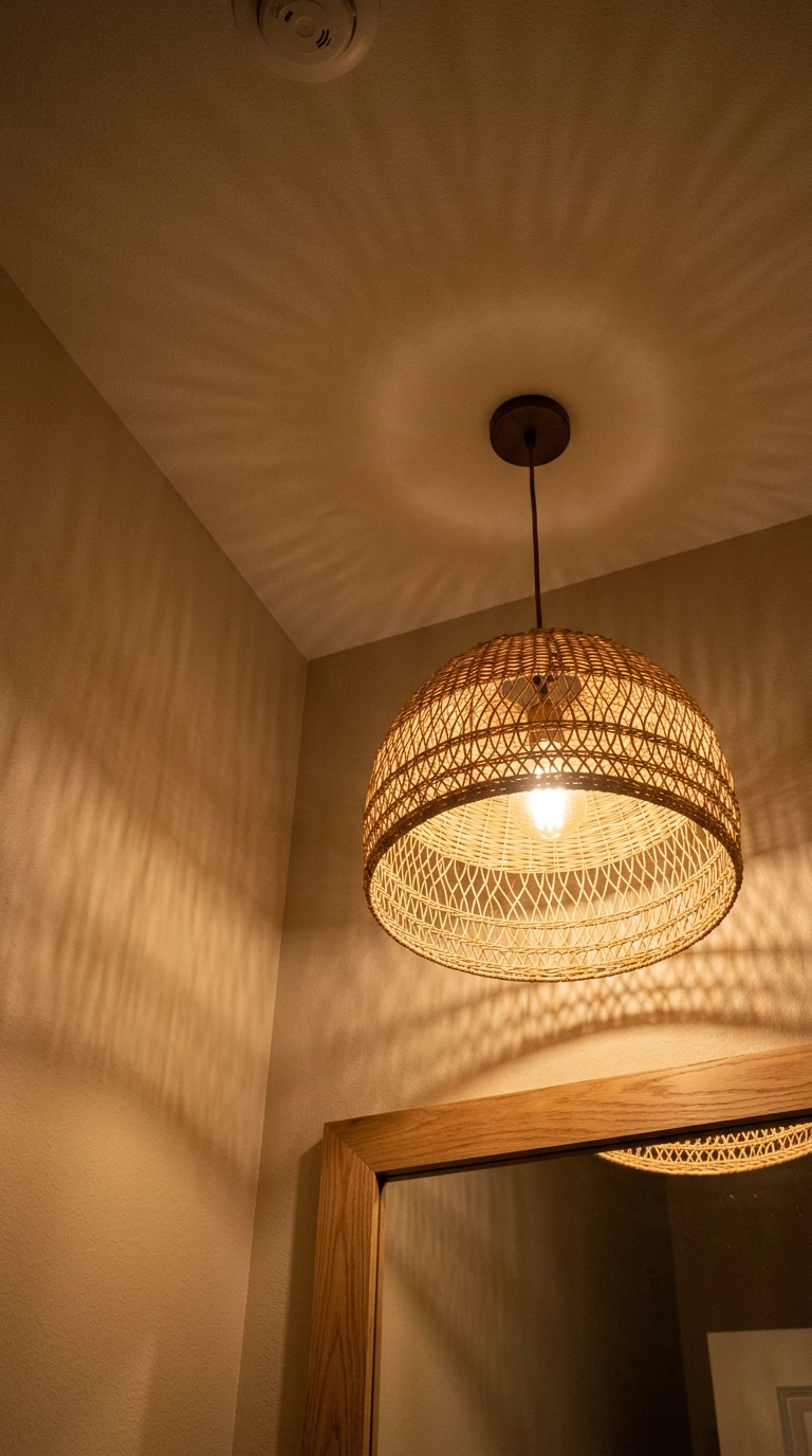 Woven rattan dome pendant light glowing warmly on a bathroom ceiling