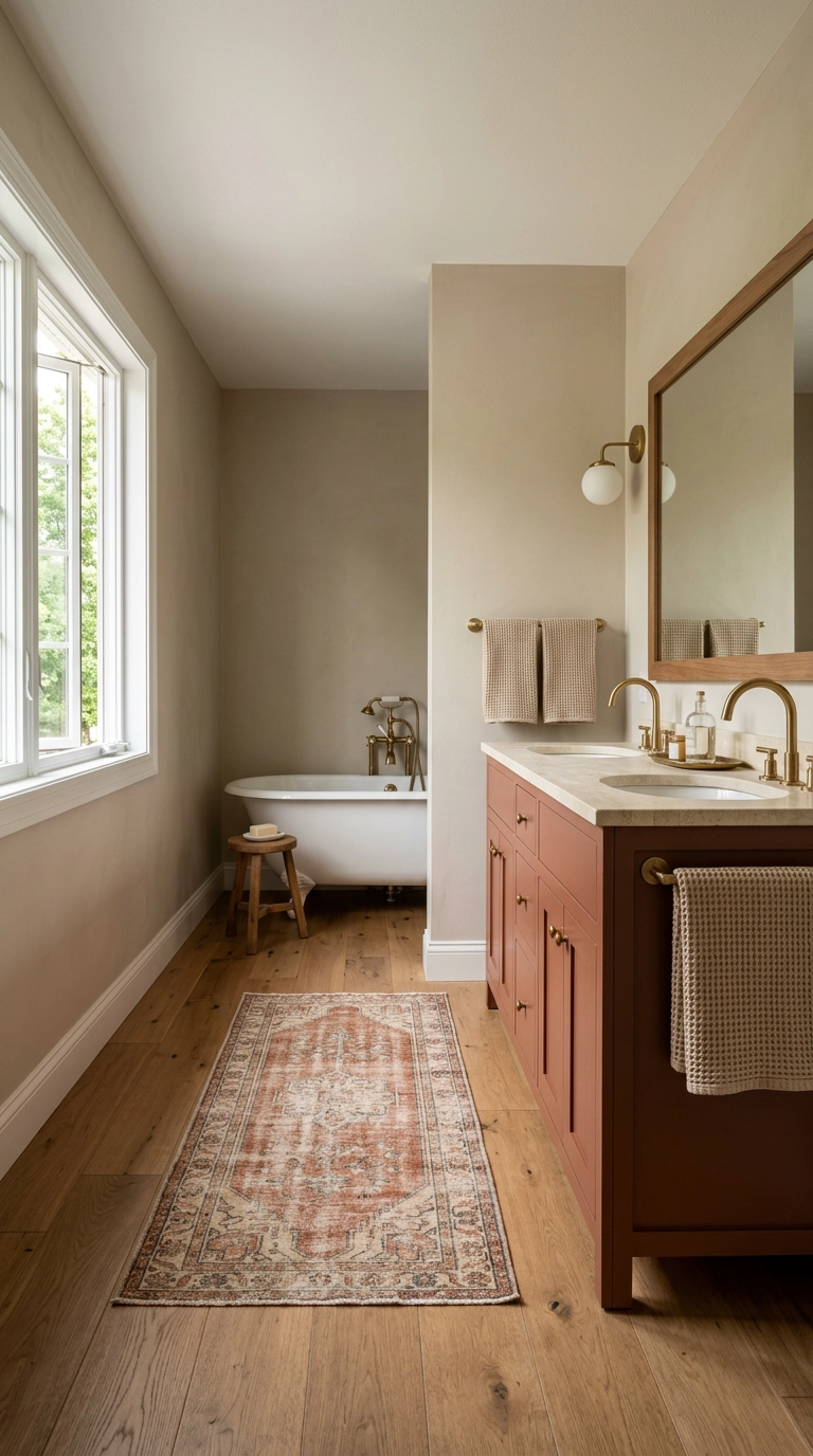 Warm putty and terracotta bathroom with travertine counter and vintage runner