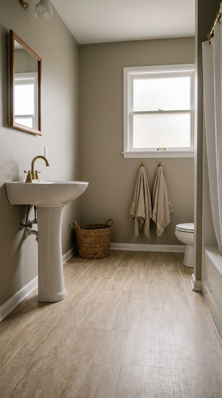 Rental bathroom with warm sand stone-look peel and stick floor tile