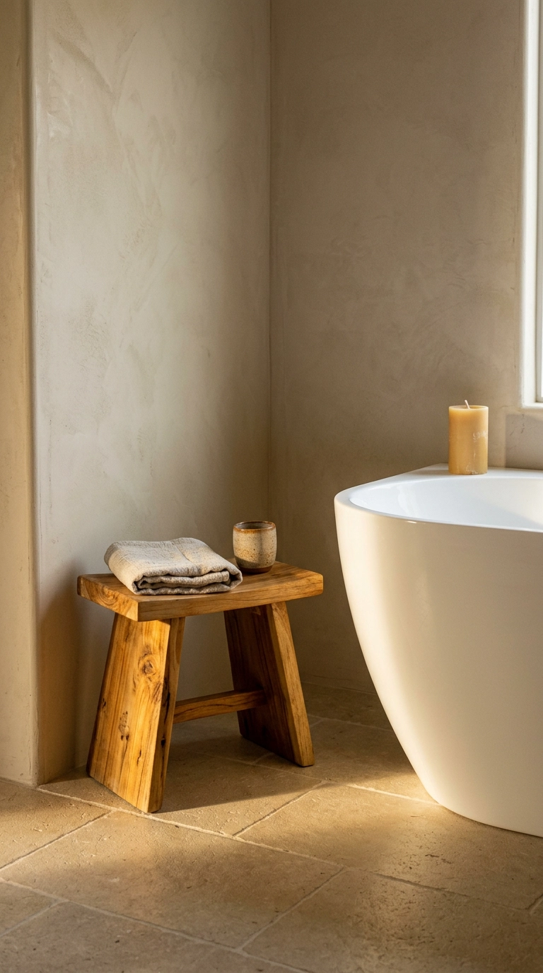 Teak stool with folded linen towel beside a freestanding tub at golden hour