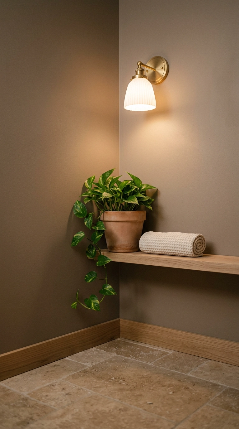 Single pothos in a terracotta pot on an oak shelf in a warm windowless bathroom