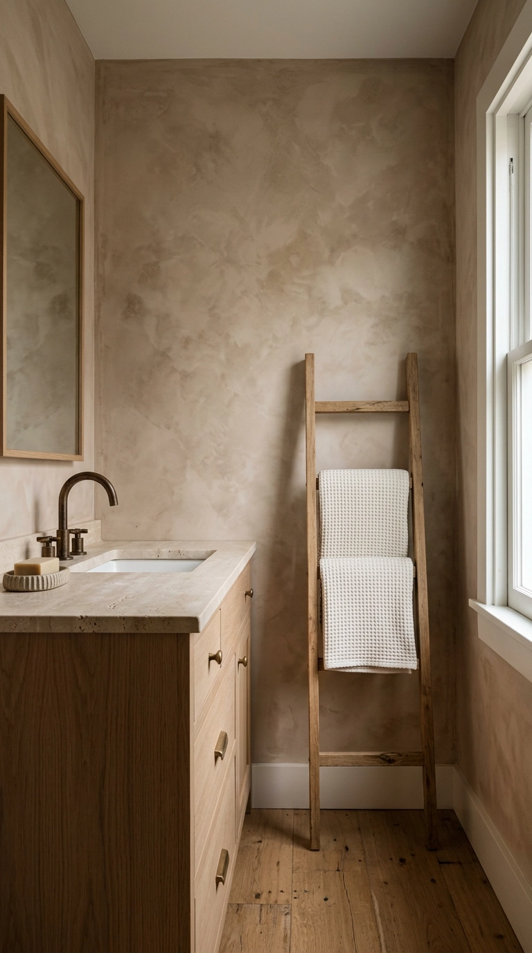 Small bathroom with warm clay limewashed walls, white oak vanity and brass faucet