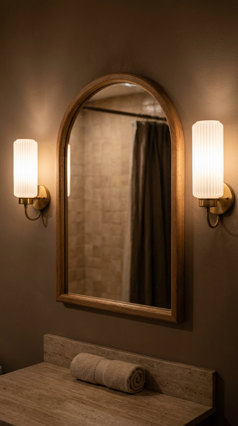 Arched oak mirror flanked by warm milk glass sconces in a dim bathroom