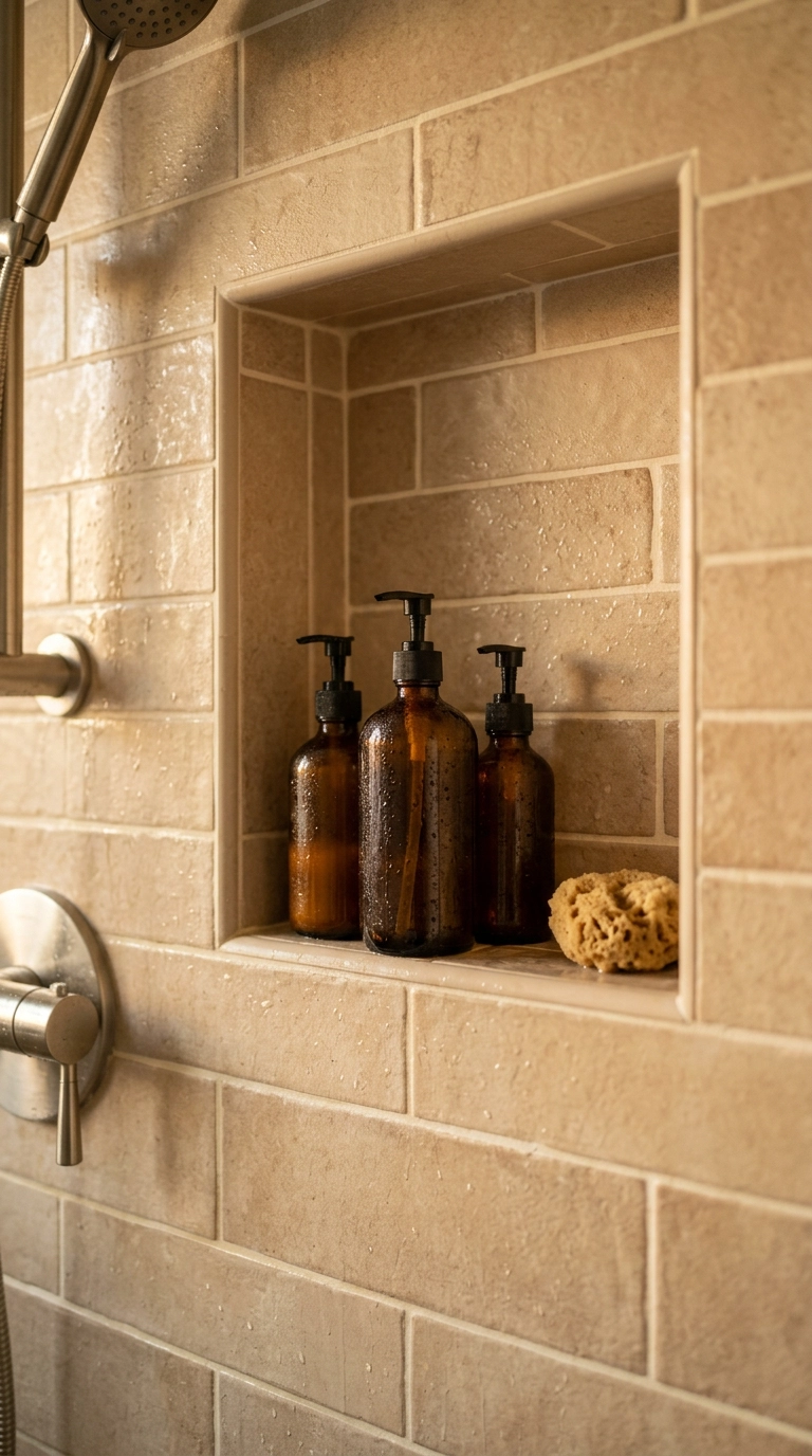 Tiled shower niche with three unlabeled amber glass bottles and a sea sponge