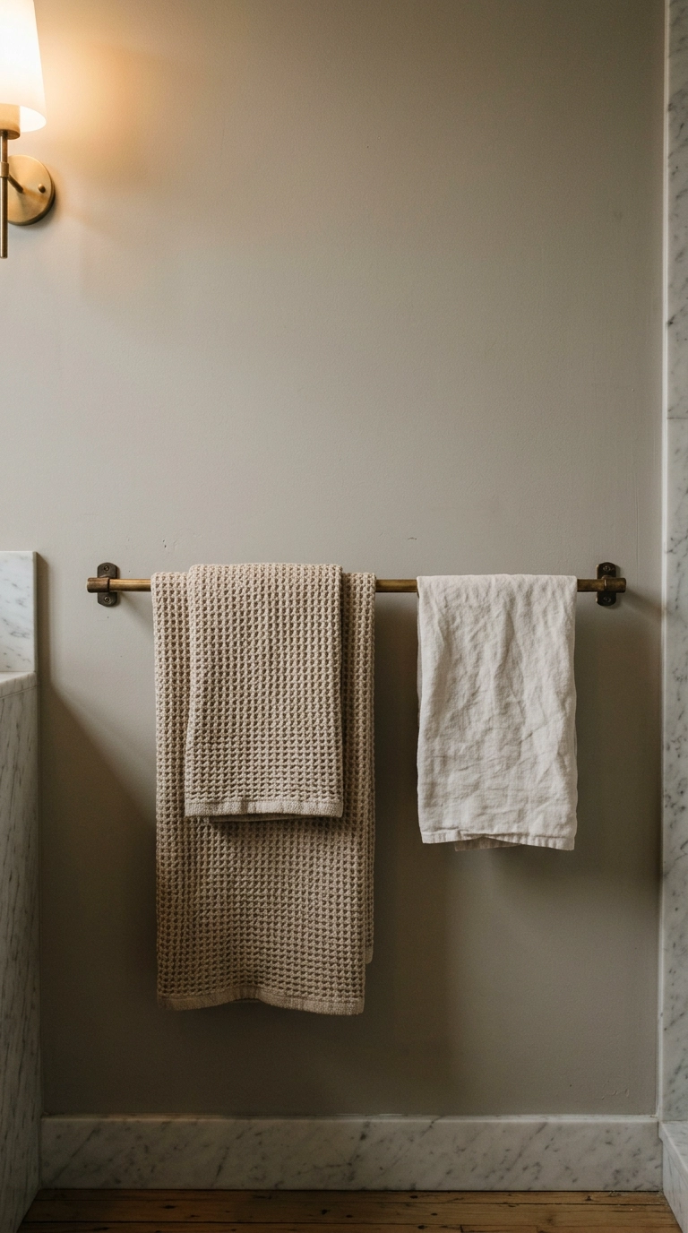 Waffle cotton and linen towels on a brass bar against a greige wall