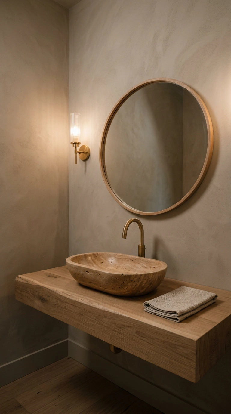 Carved travertine vessel sink on a live-edge oak vanity in a powder room