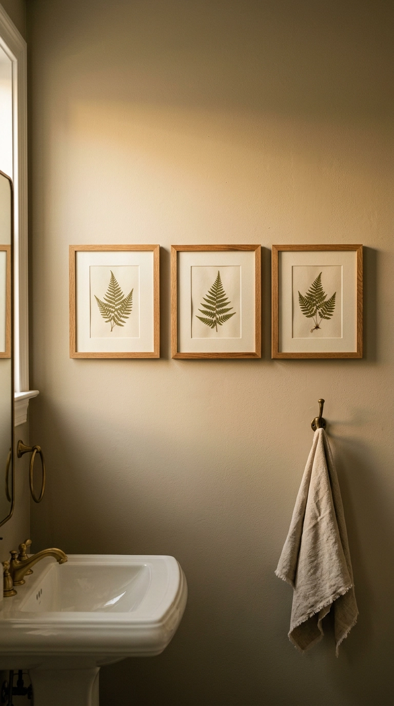 Three framed pressed fern prints in oak frames on a warm putty bathroom wall