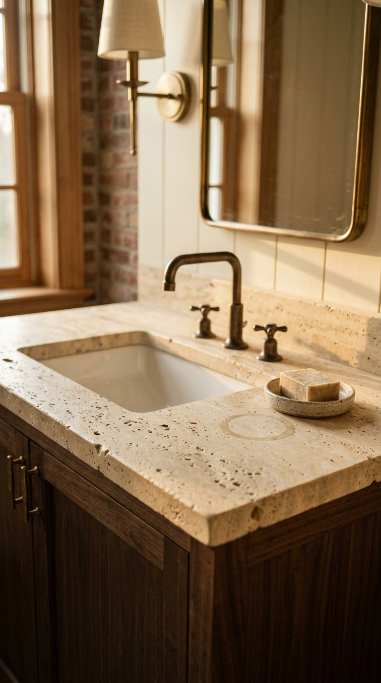 Honed unsealed travertine bathroom counter with walnut vanity and brass faucet