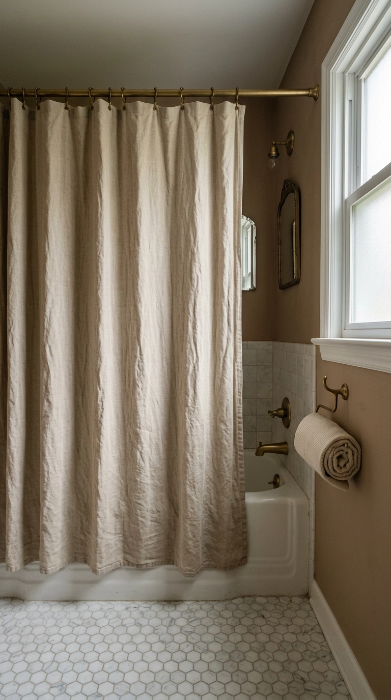 Oatmeal linen shower curtain hung high on brass rings in a small bathroom