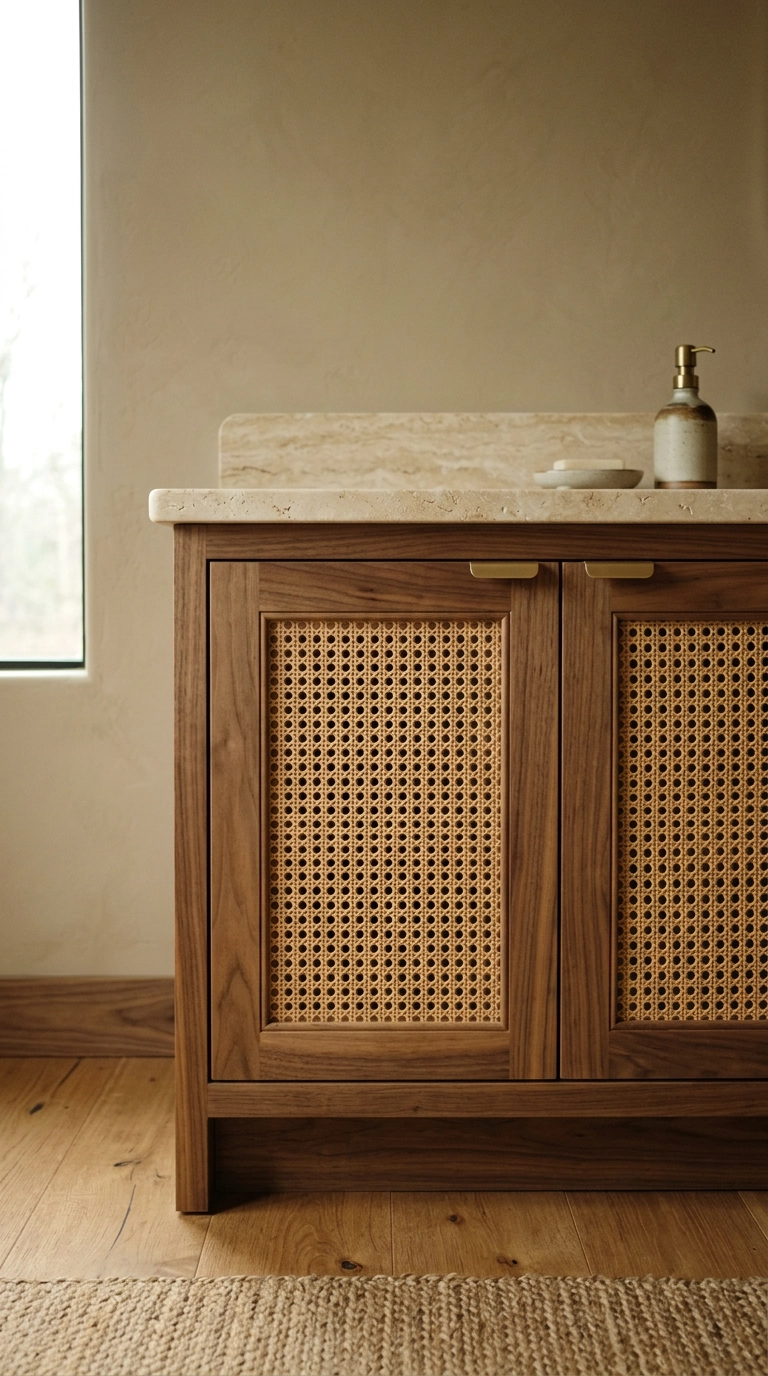 Walnut bathroom vanity with woven cane webbing cabinet door fronts