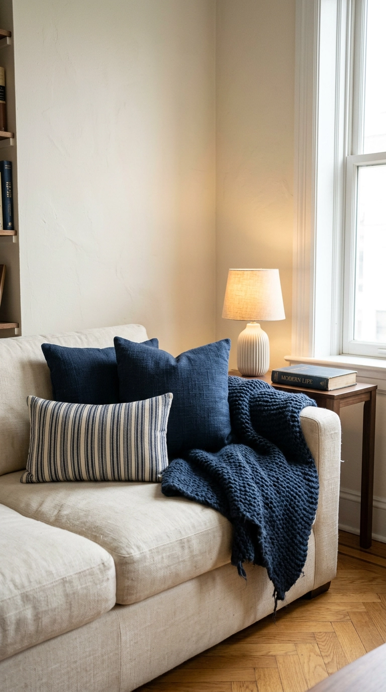 Navy pillows and chunky navy throw styled on a cream linen sofa