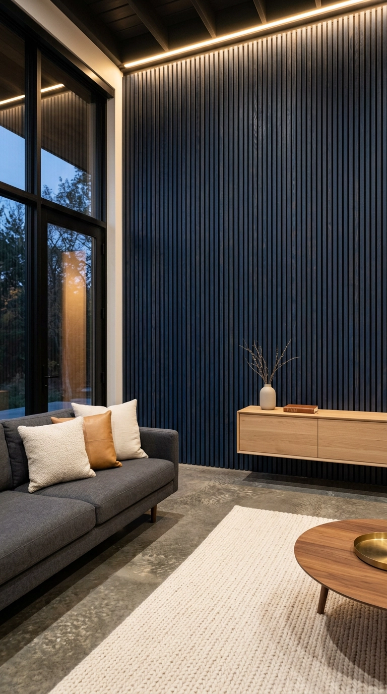 Full-height navy stained vertical wood slat accent wall behind a charcoal sofa