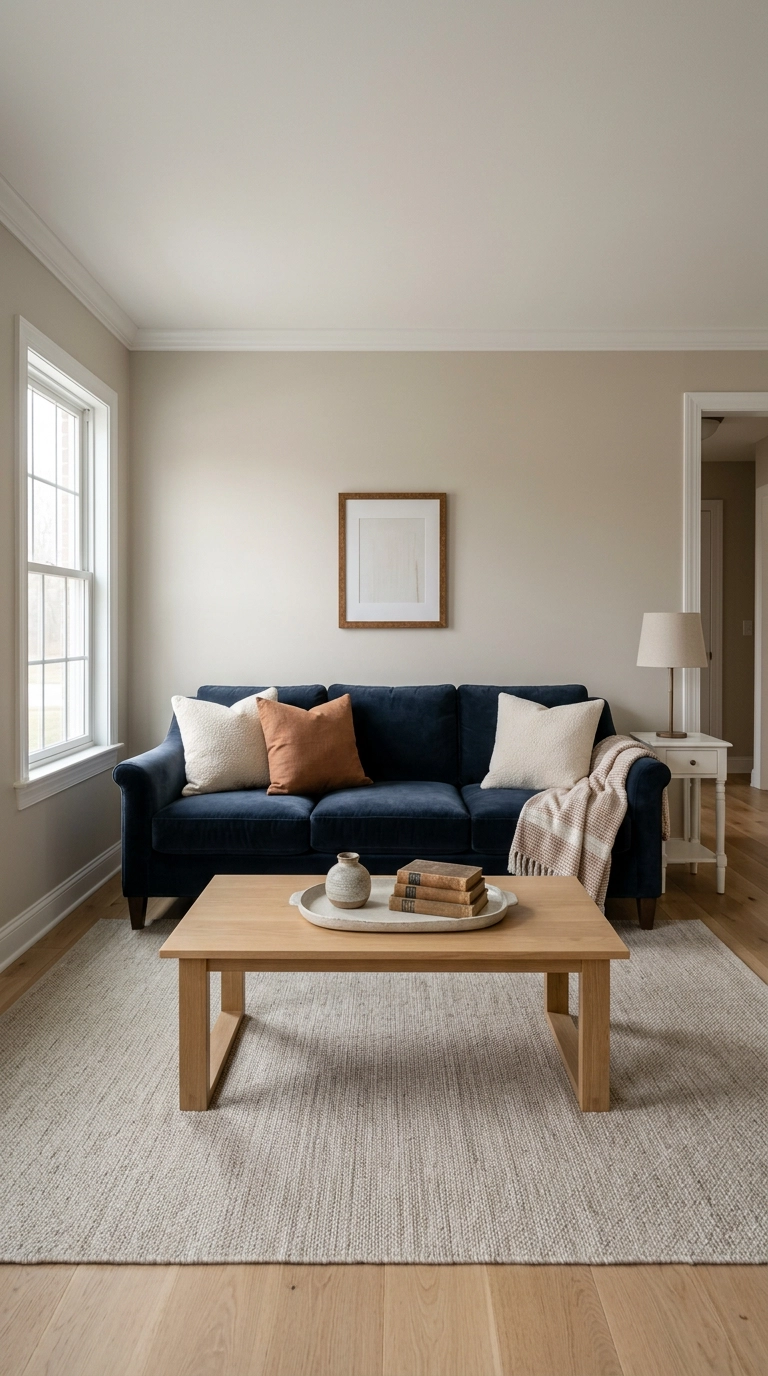 Navy velvet sofa with cream and rust pillows in a warm greige living room