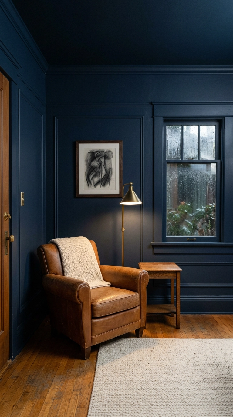 Living room color drenched in deep navy paint on walls trim and ceiling