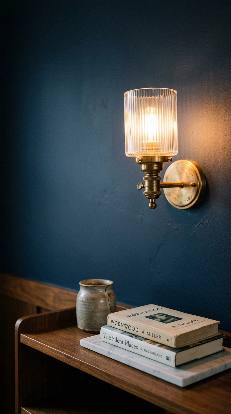 Aged brass sconce with fluted glass shade on a deep navy wall