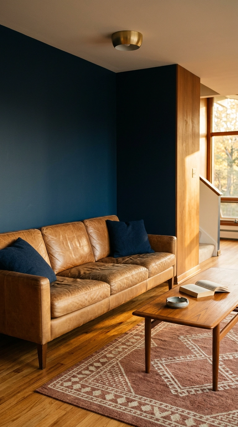 Camel leather sofa against a deep navy feature wall in a mid-century living room