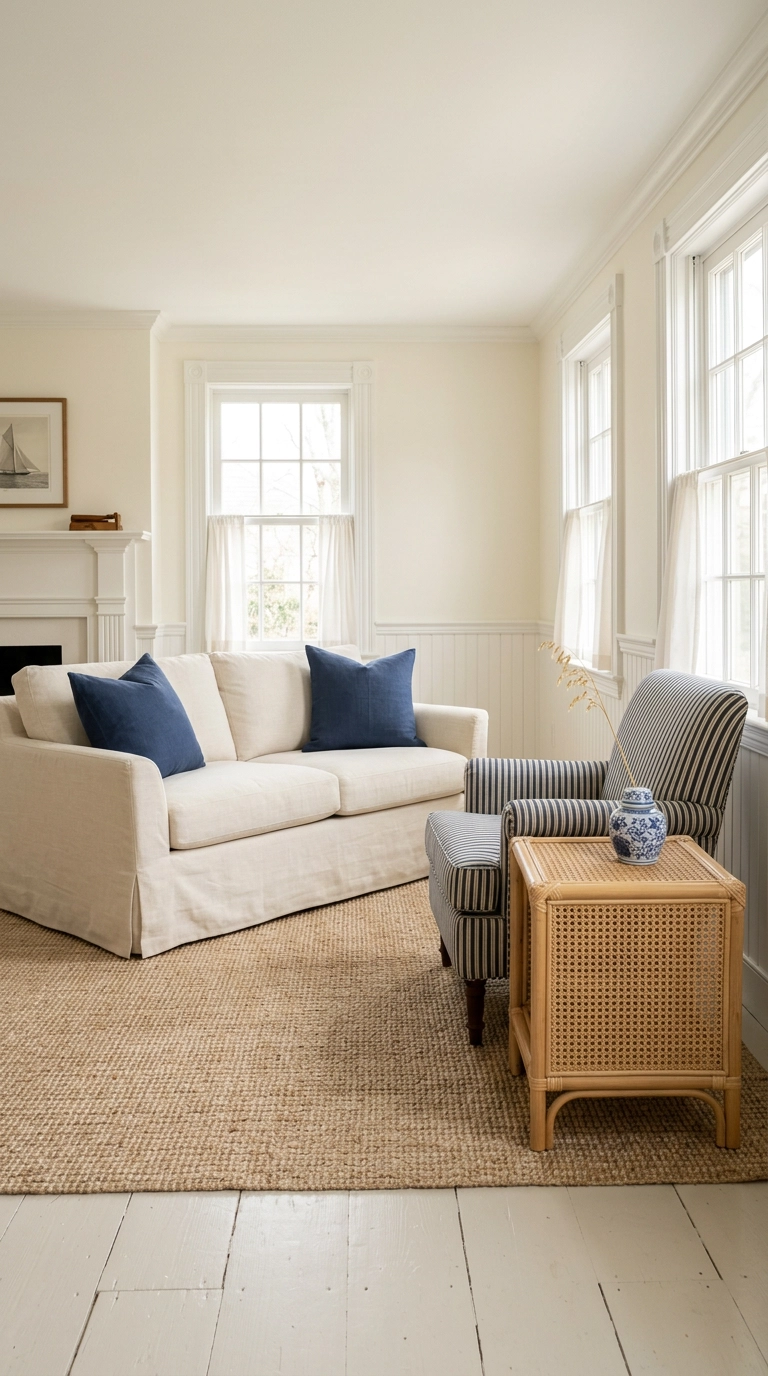 Navy and ivory ticking stripe armchair in a bright coastal living room