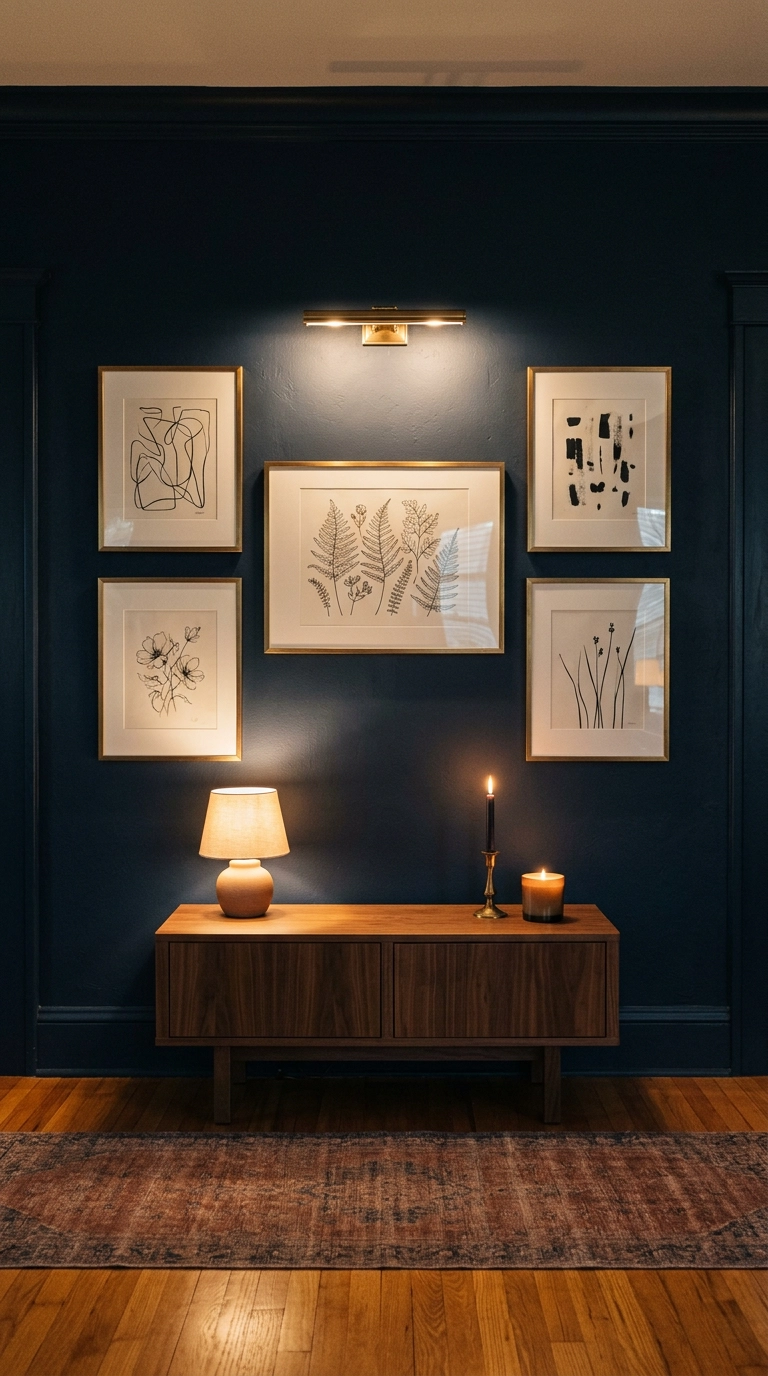 Gallery wall of brass framed abstract art on a deep navy matte wall