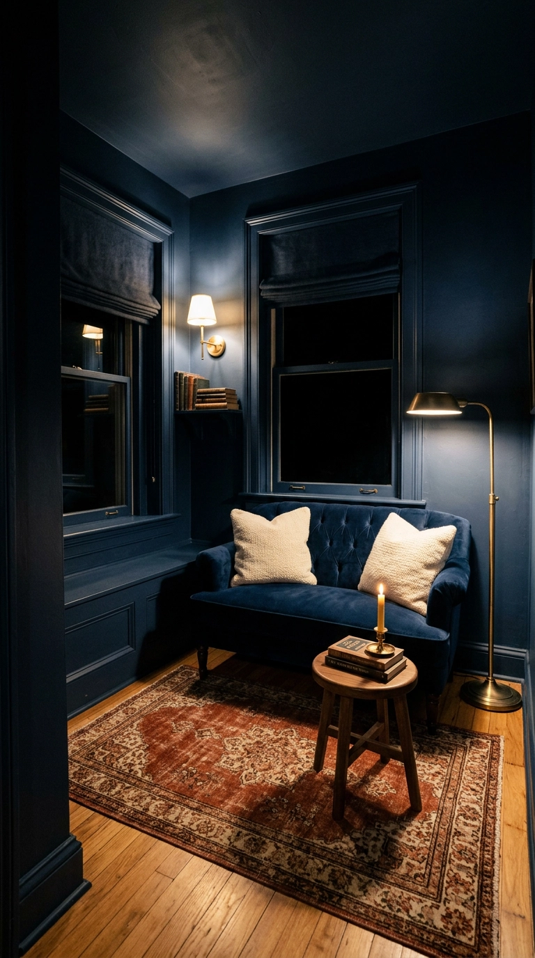 Small navy snug room lit only by two warm brass lamps at night