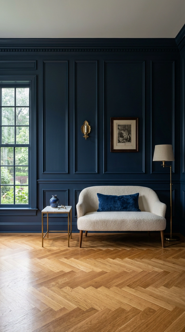 Navy picture-frame molding panels on a formal living room wall
