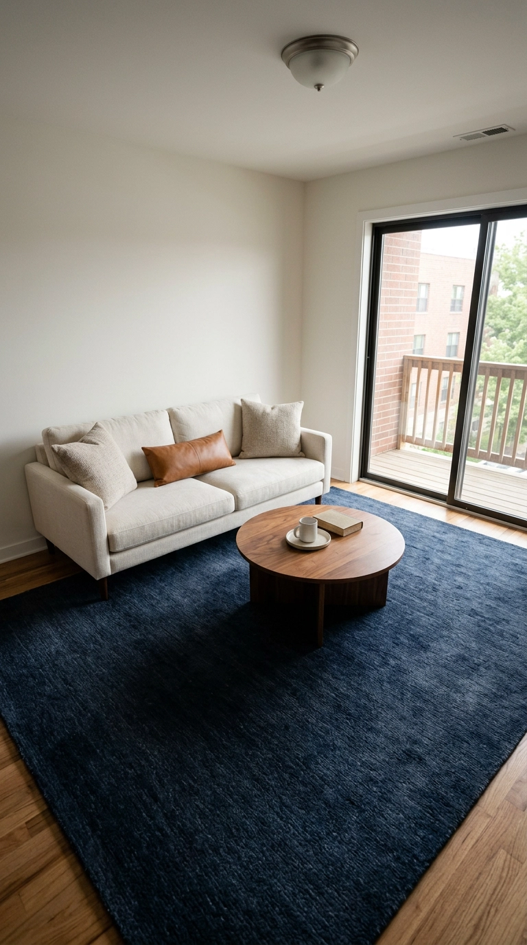 Large deep navy wool rug grounding a cream sofa in a pale living room