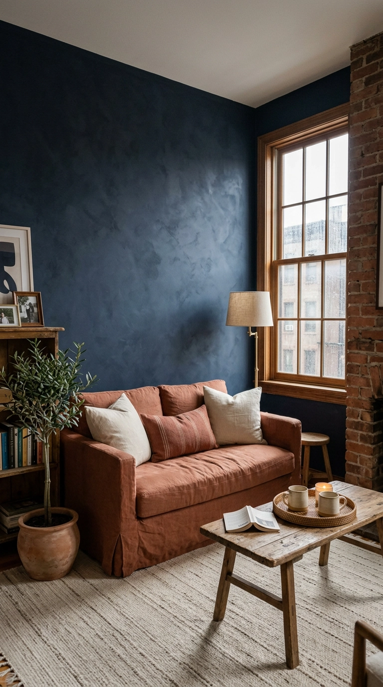 Navy limewash wall with a terracotta linen loveseat in a small apartment