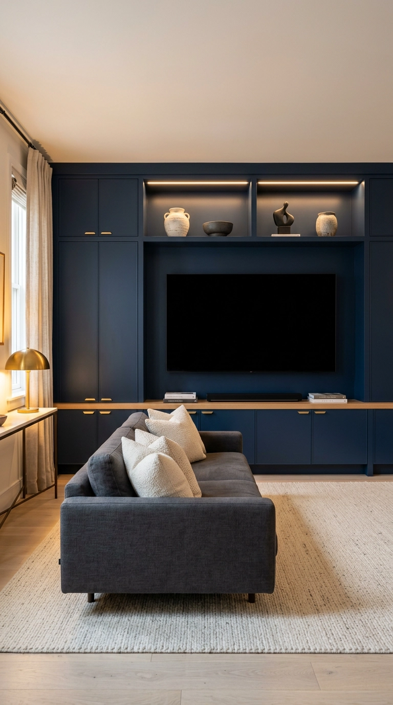 Navy built-in media wall with the television blending into dark cabinetry